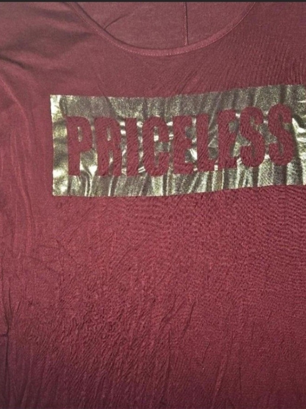 Ashley Stewart Maroon 'PRICELESS' Graphic Tee with Gold Accent